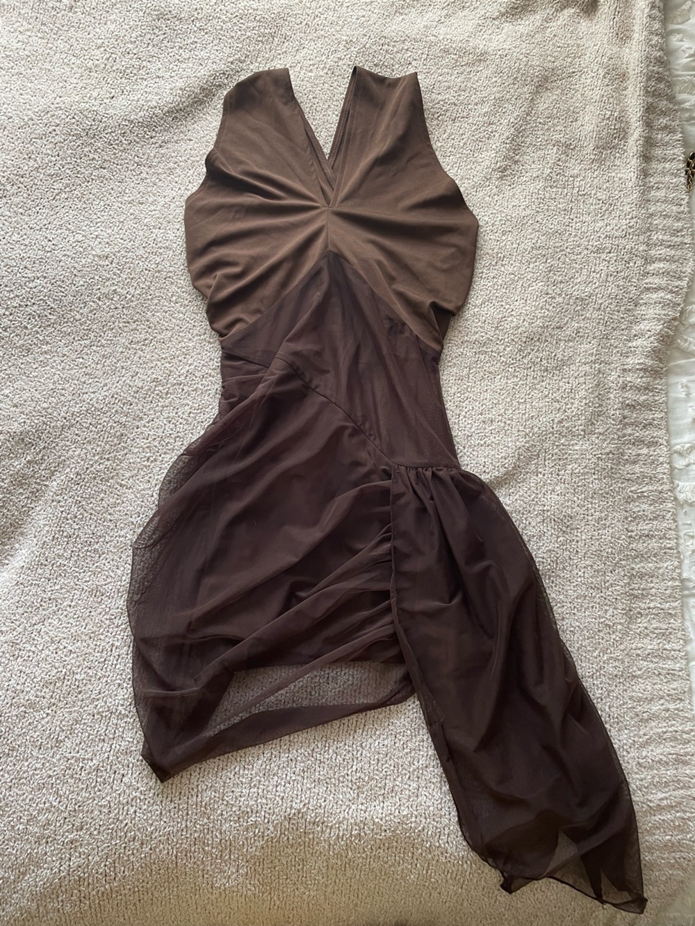 Asymmetrical Brown Sleeveless Mesh Overlay Dress